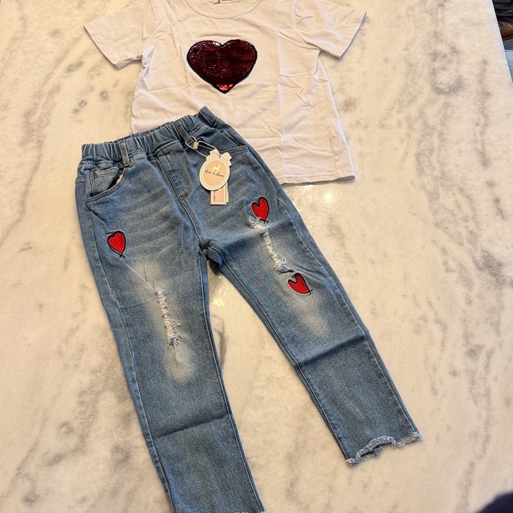 Doe a dear White sequined Heart T-Shirt and embroidered Blue Jeans Set girls 5-6